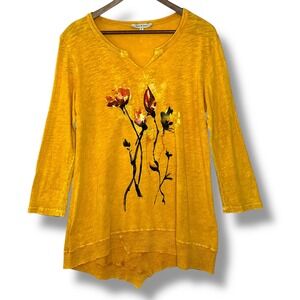 Jess & Jane S Yellow Mineral Washed Floral Tunic Blouse 100% Cotton Art to Wear